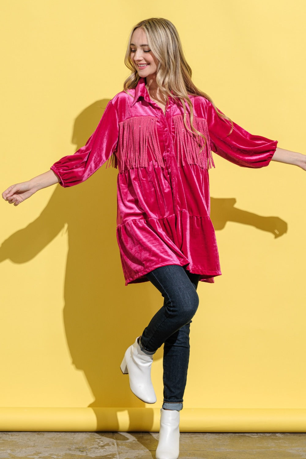 And The Why Fringe Detailed Velvet Shirt Dress-Angel Casuals