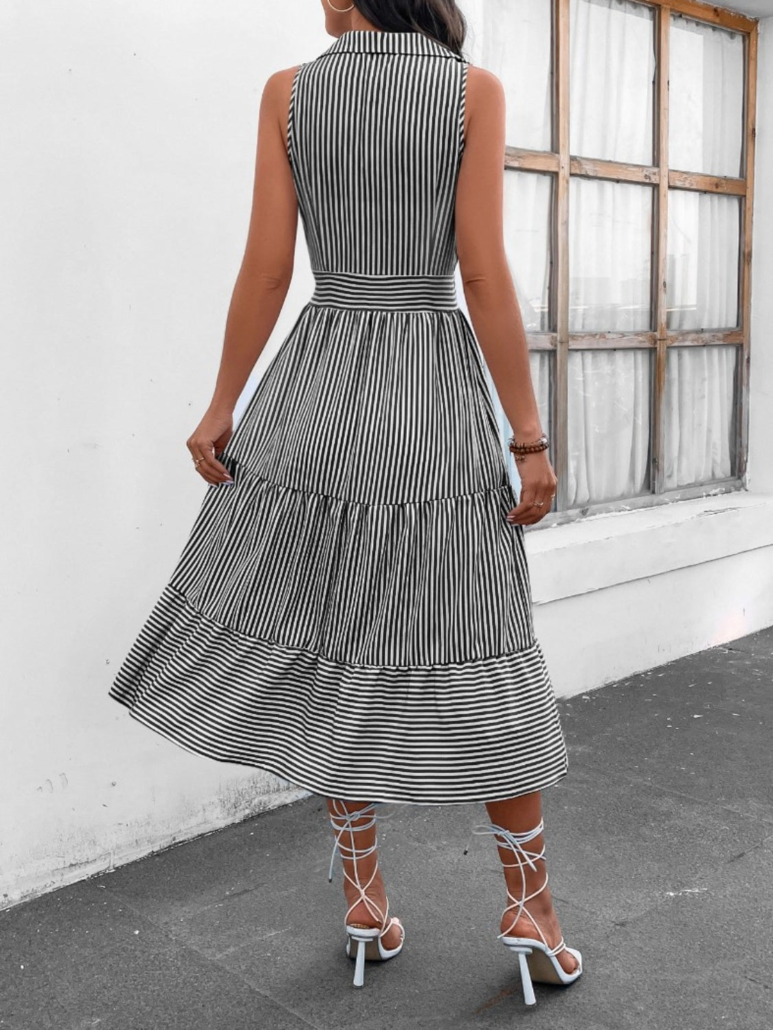 Striped Johnny Collar Sleeveless Midi Dress-Angel Casuals