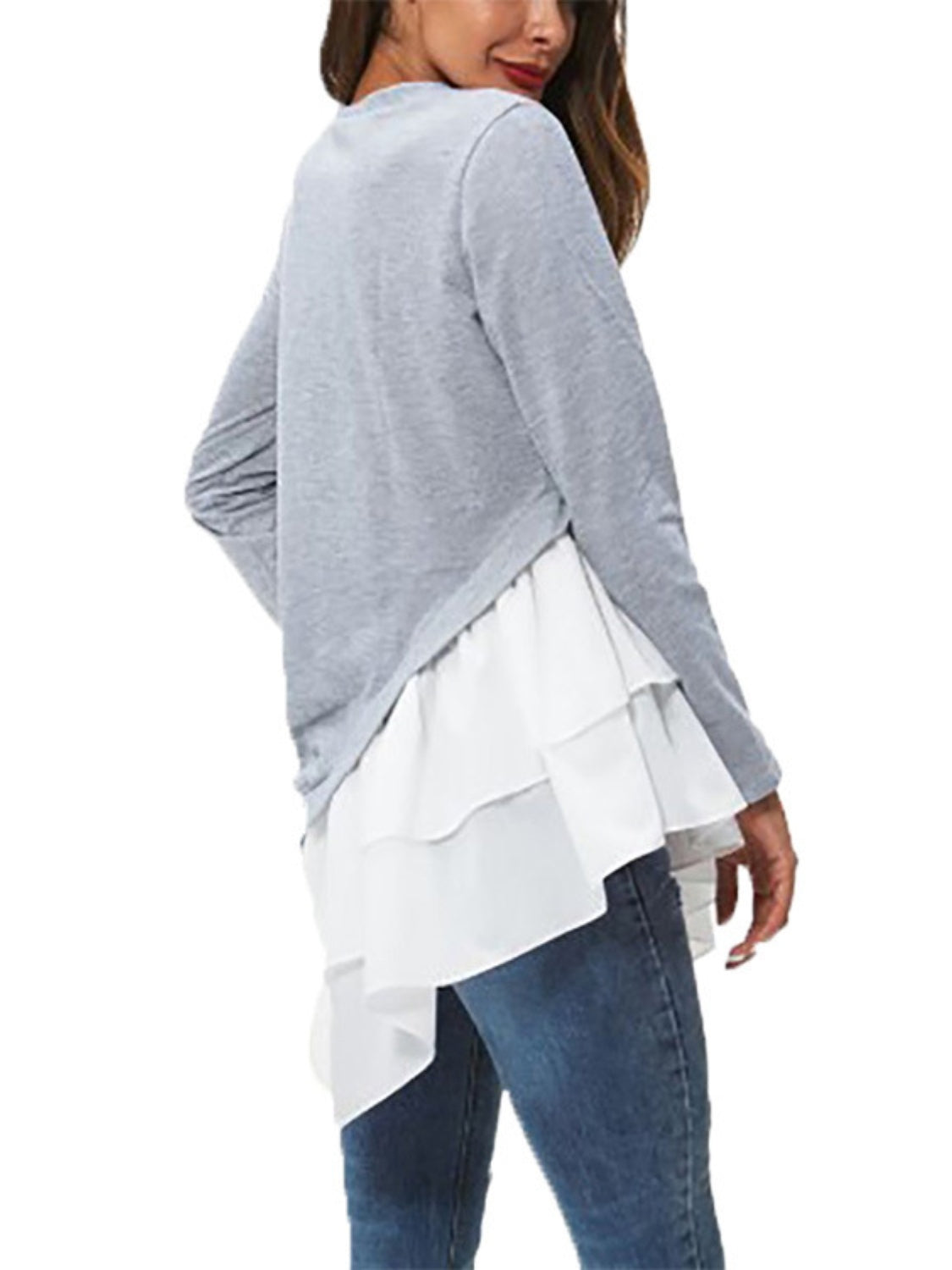Tiered Contrast Round Neck Long Sleeve T-Shirt-Angel Casuals