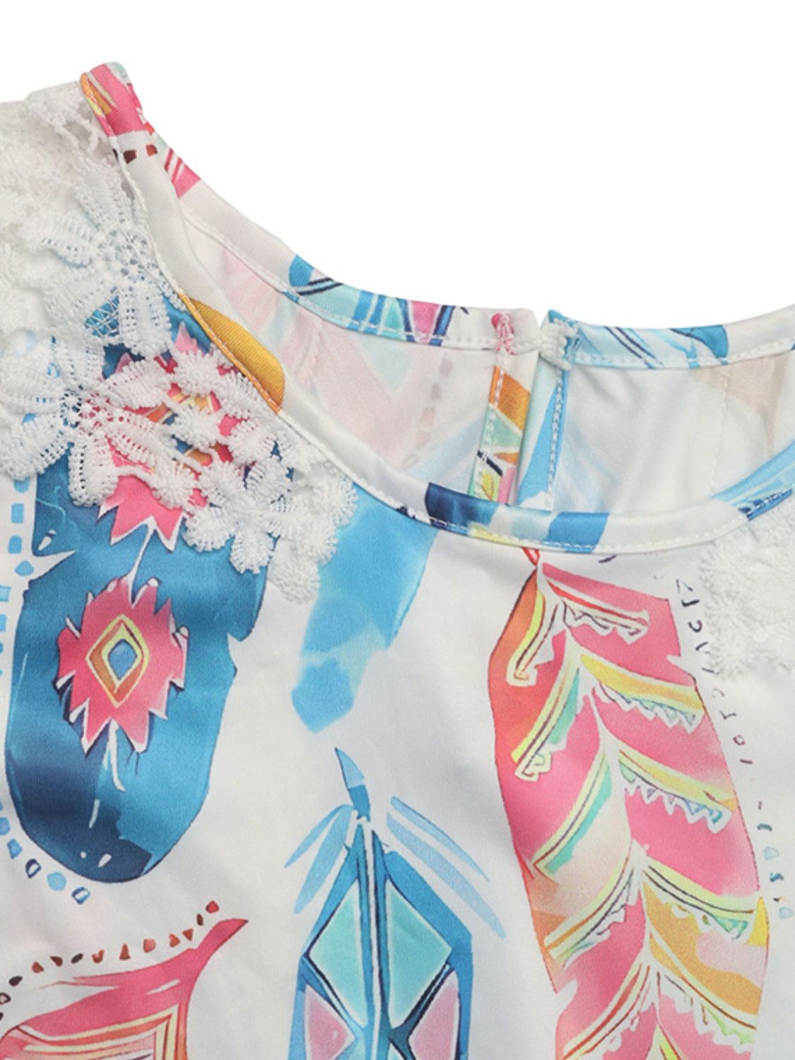 Perfee Printed Round Neck Lace Short Sleeve Top-Angel Casuals