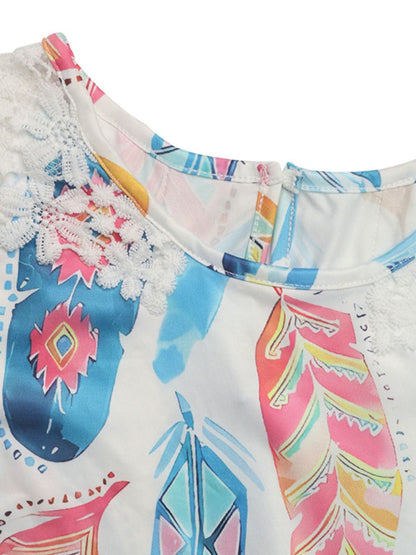 Perfee Printed Round Neck Lace Short Sleeve Top-Angel Casuals