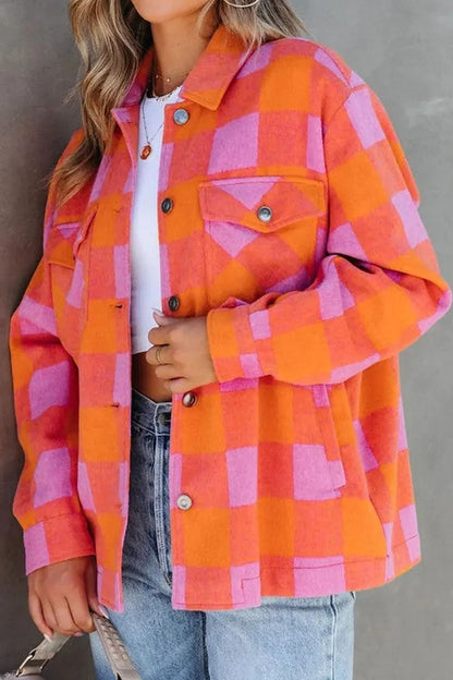 Color Block Plaid Button Up Long Sleeve Jacket-Angel Casuals