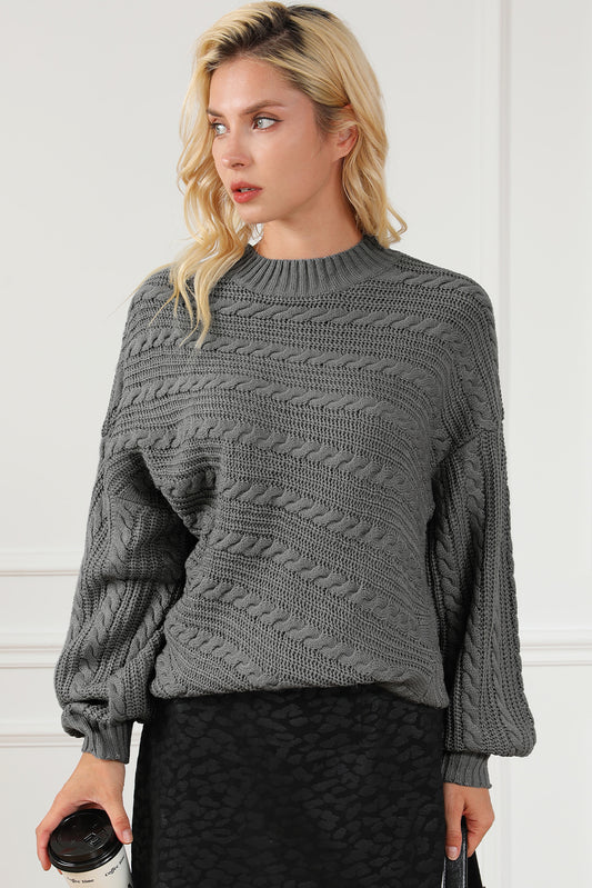 Cable-Knit Mock Neck Dropped Shoulder Sweater-Angel Casuals