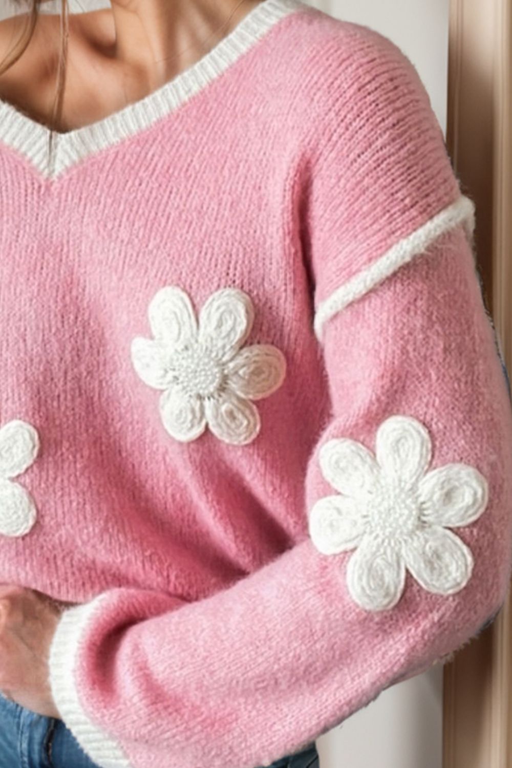 Flower V-Neck Dropped Shoulder Sweater-Angel Casuals