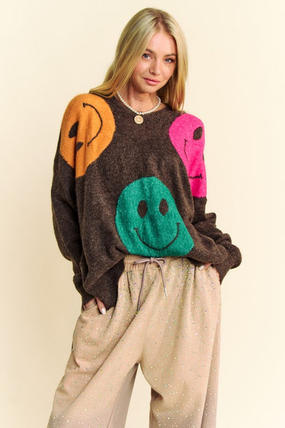 Davi & Dani Contrast Smile Round Neck Oversize Sweater-Angel Casuals