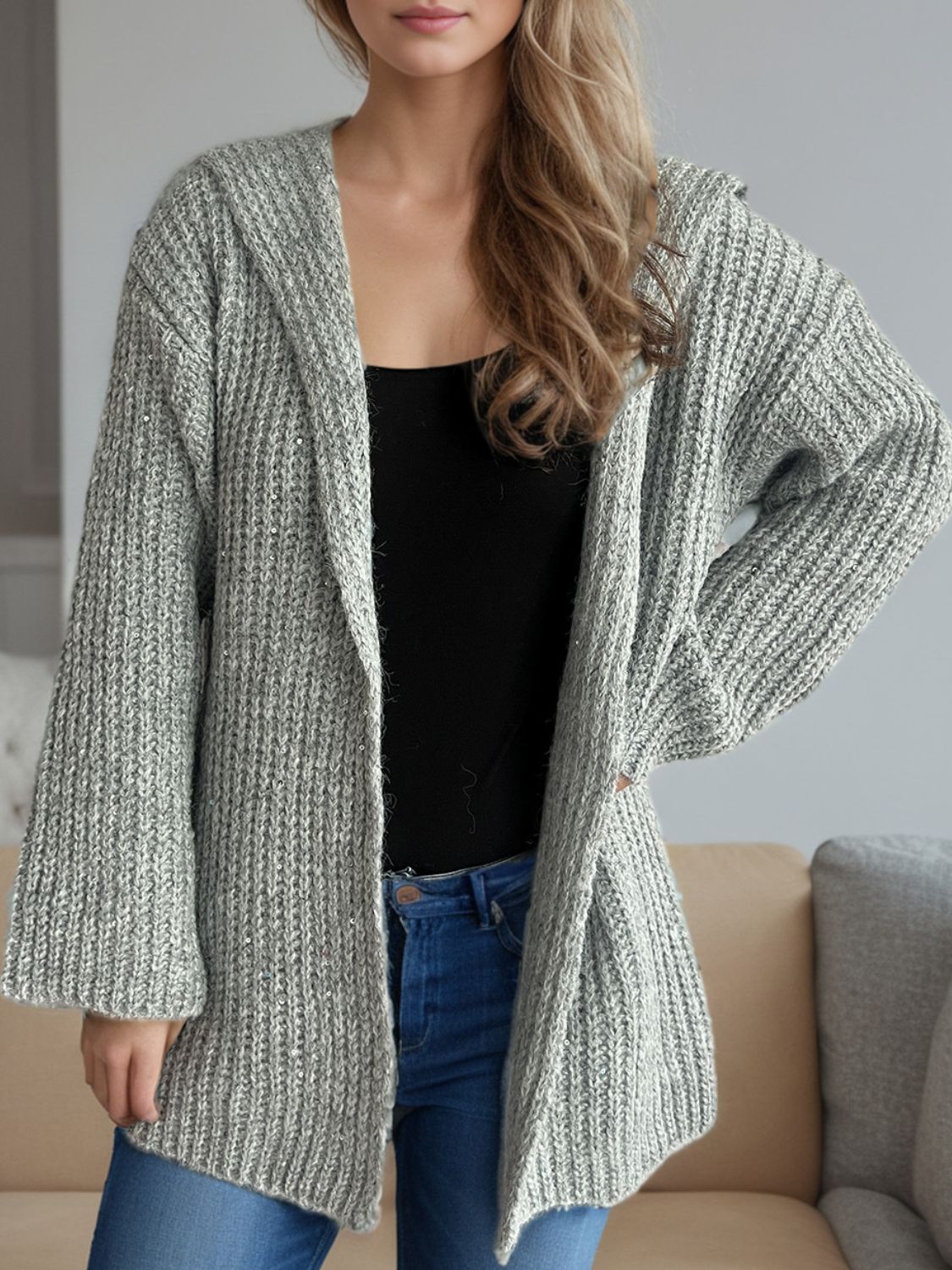 Sequin Detail Long Sleeve Hooded Cardigan-Angel Casuals