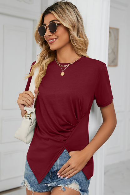 Ruched Round Neck Short Sleeve T-Shirt-Angel Casuals