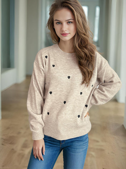 Heart Round Neck Long Sleeve Sweater-Angel Casuals