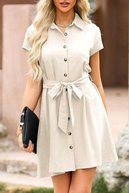 Tied Button Up Short Sleeve Dress-Angel Casuals