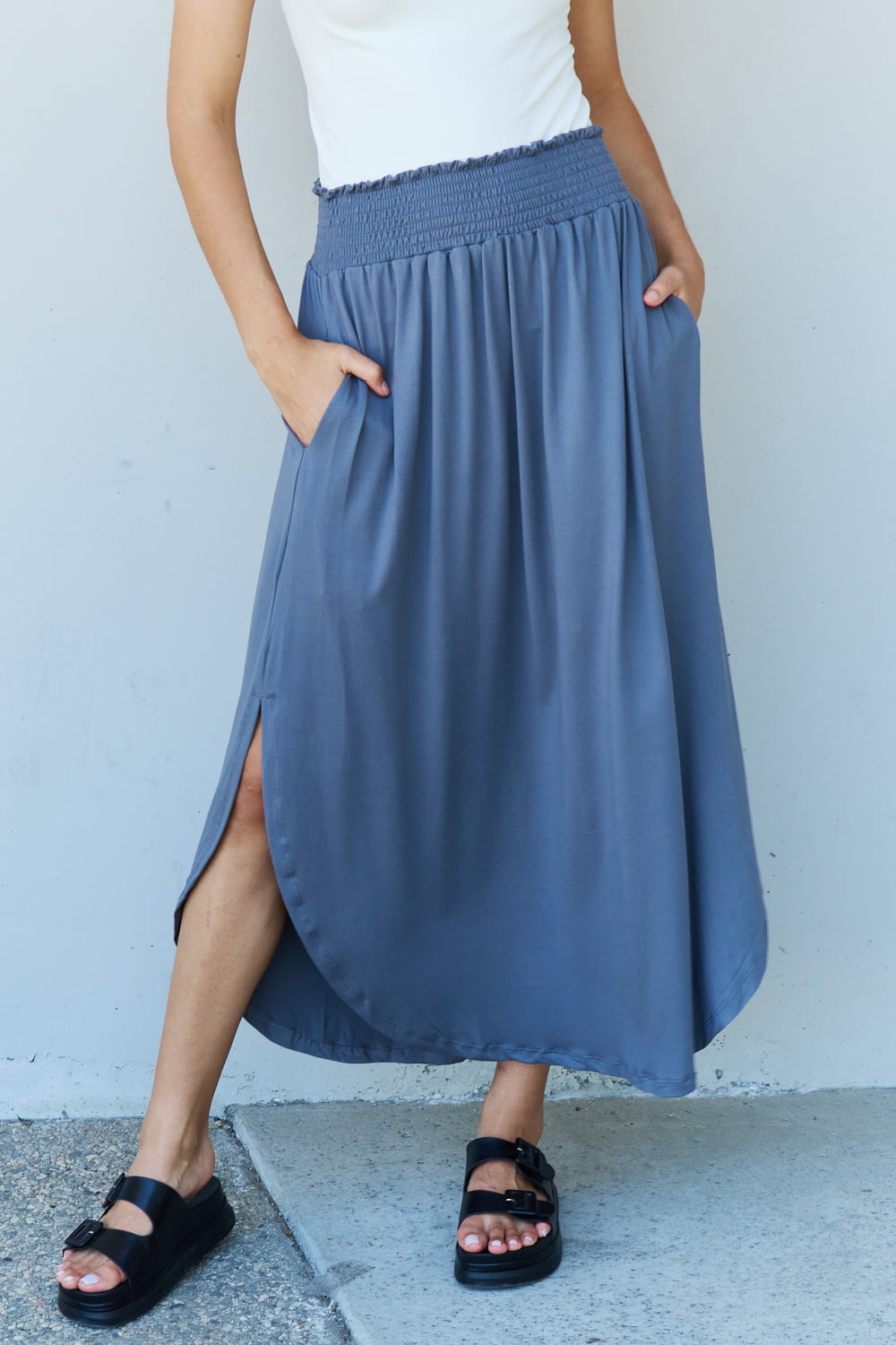 Doublju Comfort Princess Full Size High Waist Scoop Hem Maxi Skirt in Dusty Blue-Angel Casuals