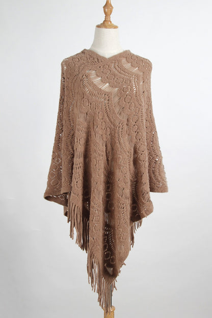 Fringe Openwork Surplice Cape Sleeve Poncho-Angel Casuals