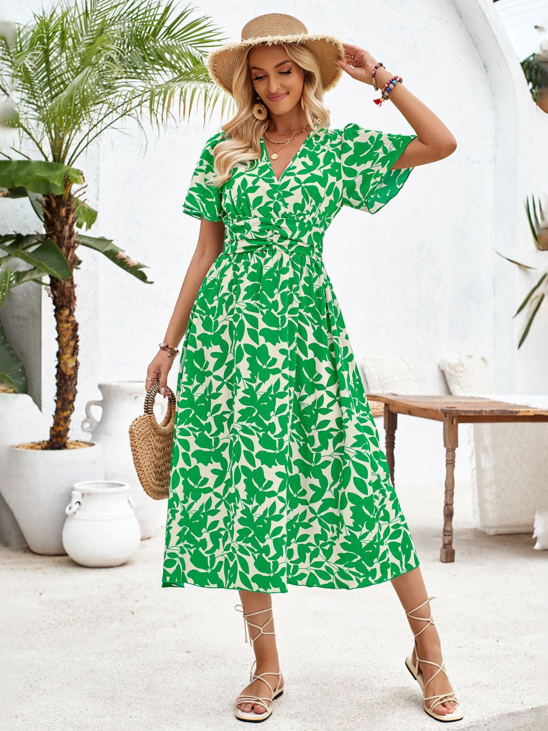 Printed Surplice Short Sleeve Midi Dress-Angel Casuals