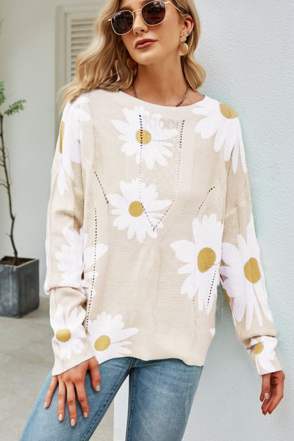 Angel Wings Daisy Print Openwork Round Neck Sweater-Angel Casuals