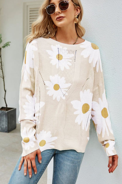 Angel Wings Daisy Print Openwork Round Neck Sweater-Angel Casuals