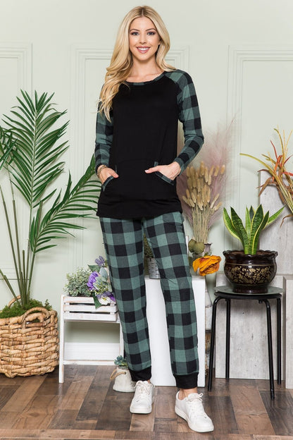 Celeste Plaid Long Sleeve T-Shirt with Pockets-Angel Casuals