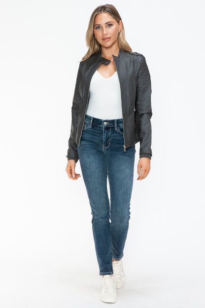 Snobbish PU Leather Biker Jacket with Side Zip Pockets-Angel Casuals