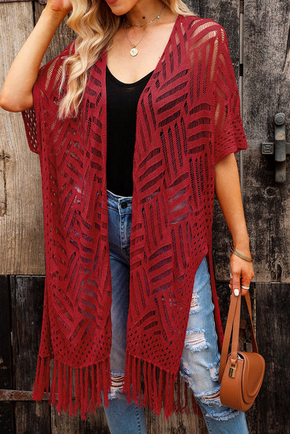 Openwork Open Front Cardigan with Fringes-Angel Casuals