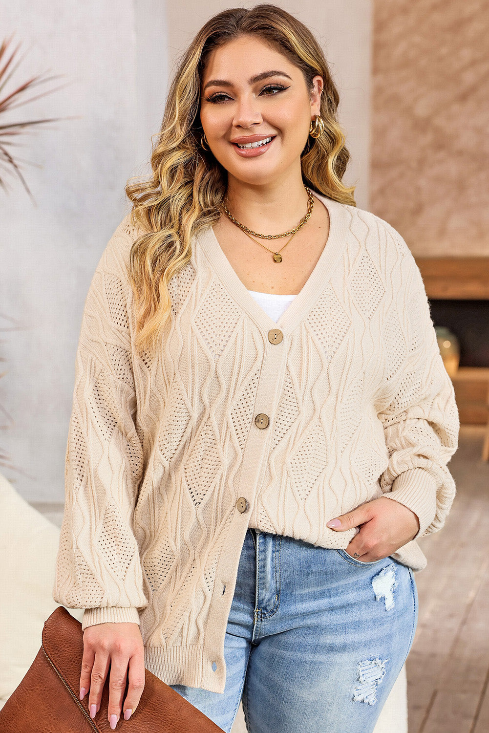 Plus Size Cable-Knit Button Up Sweater-Angel Casuals