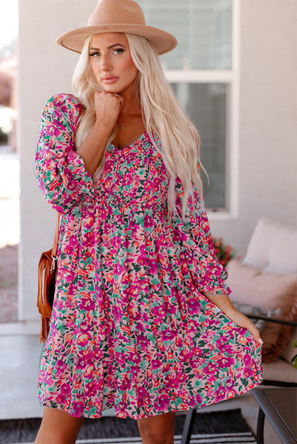 Floral Smocked V-Neck Flounce Sleeve Dress-Angel Casuals