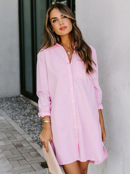 Button Up Collared Neck Long Sleeve Shirt Dress-Angel Casuals