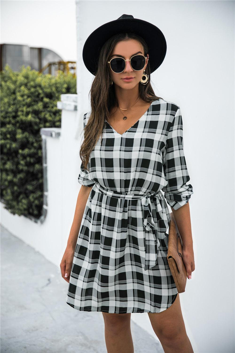 Plaid V-Neck Tie Waist Dress-Angel Casuals