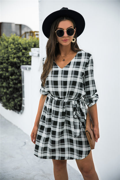 Plaid V-Neck Tie Waist Dress-Angel Casuals