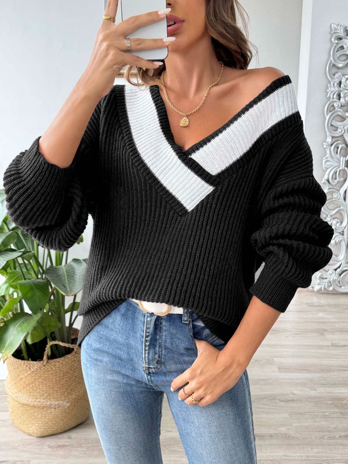 Contrast Dropped Shoulder Long Sleeve Sweater-Angel Casuals