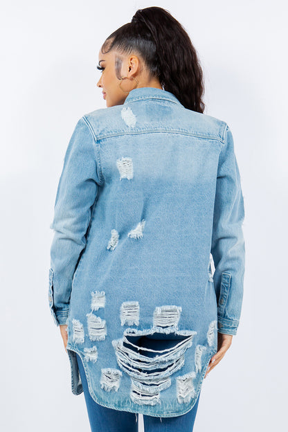 American Bazi Distressed Button Up Long Sleeve Denim Jacket-Angel Casuals