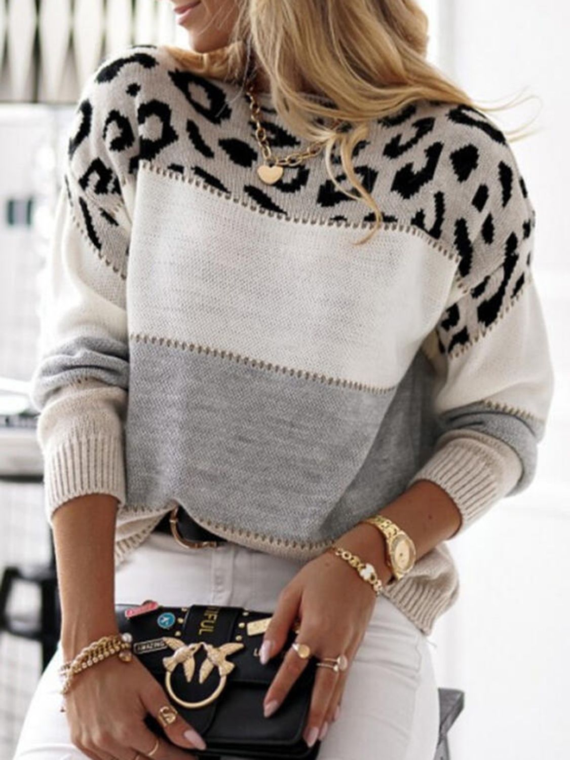 Leopard Color Block Round Neck Long Sleeve Sweater-Angel Casuals