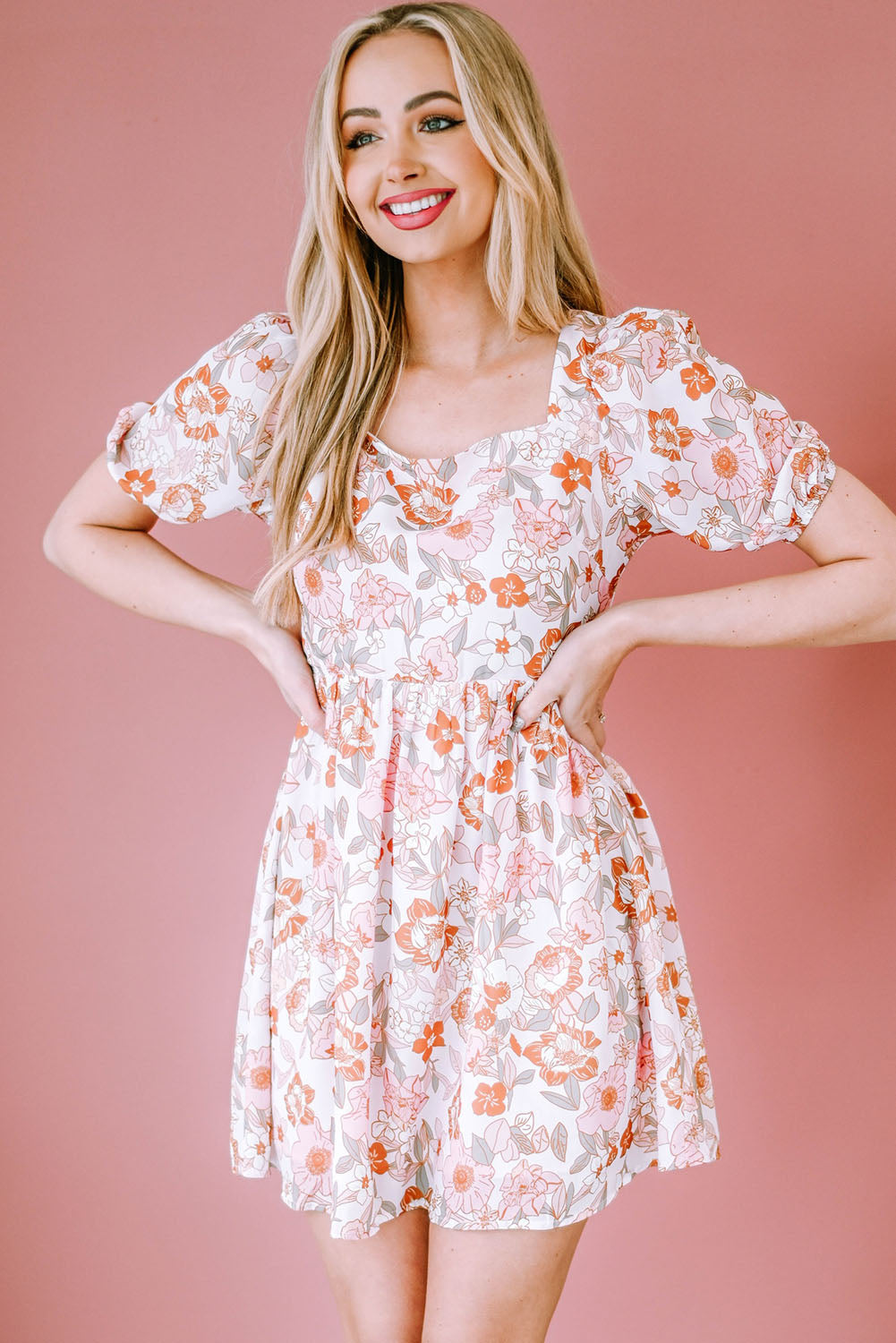 Floral Tie-Back Puff Sleeve Dress-Angel Casuals