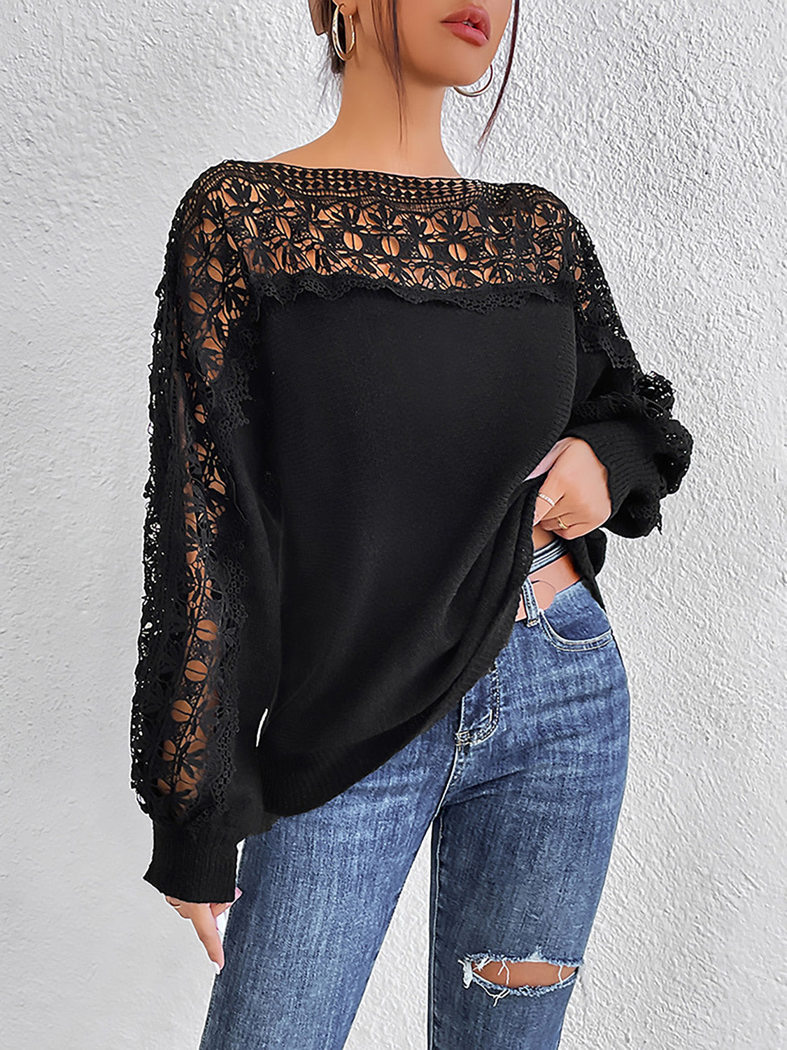 Lace Trim Boat Neck Knit Top-Angel Casuals