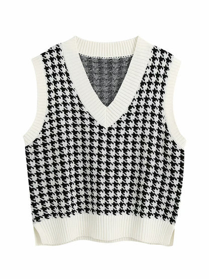 Houndstooth V-Neck Sweater Vest-Angel Casuals