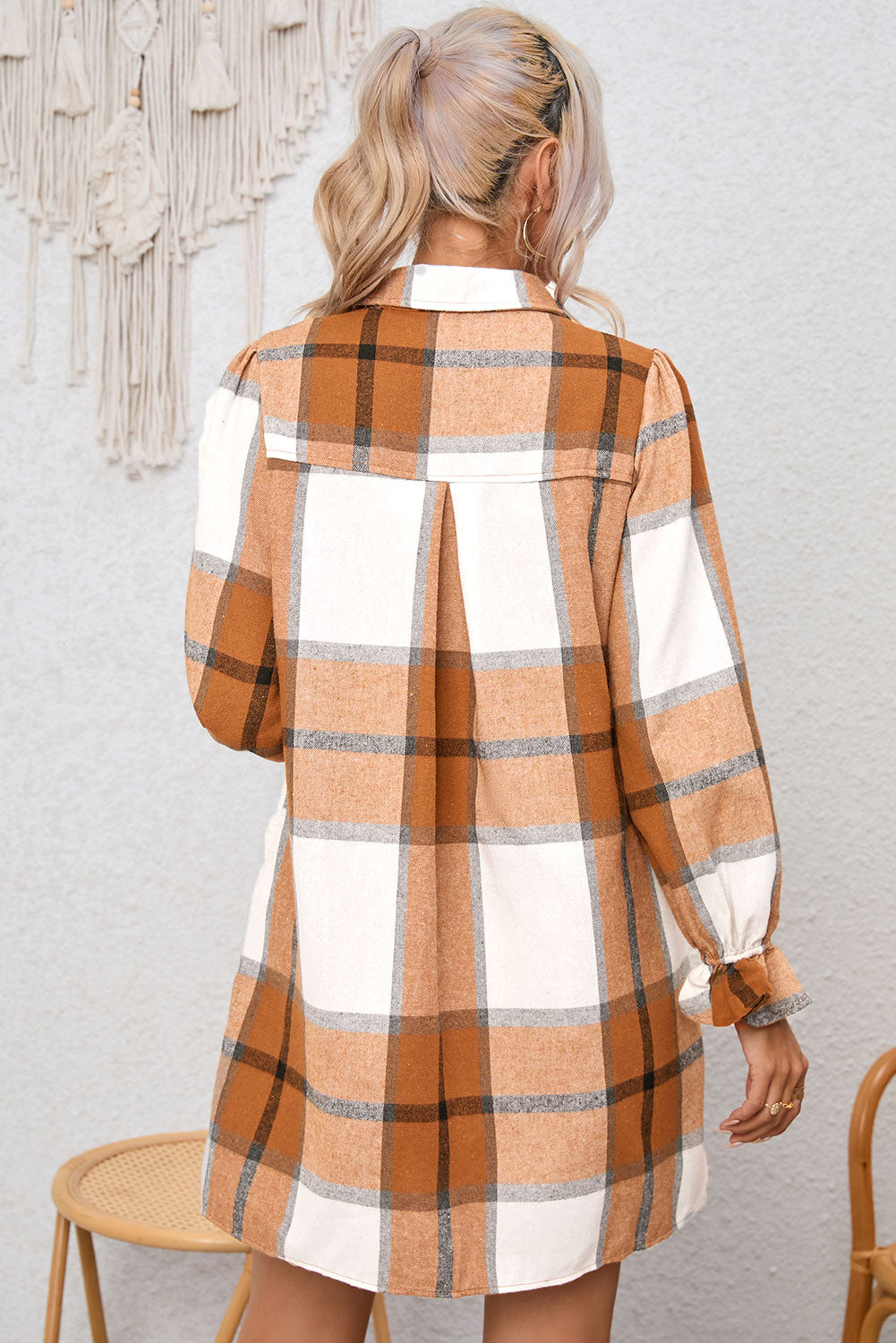 Plaid Collared Neck Flounce Sleeve Shirt Dress-Angel Casuals