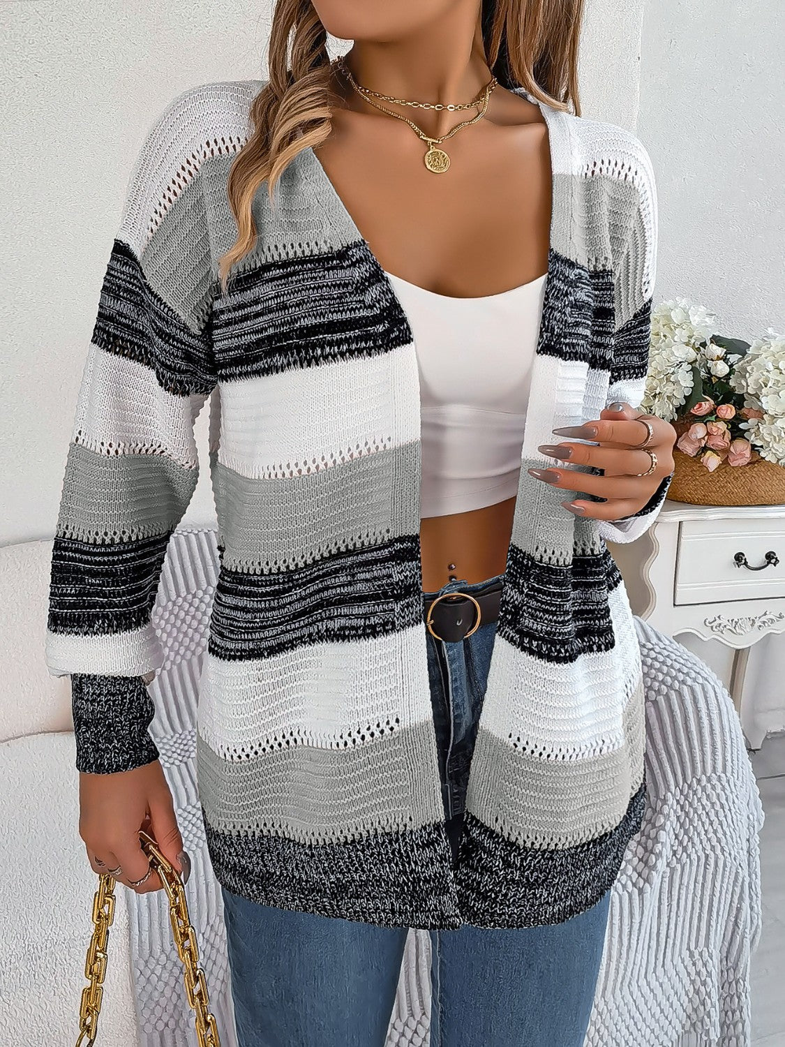 Openwork Striped Open Front Cardigan-Angel Casuals