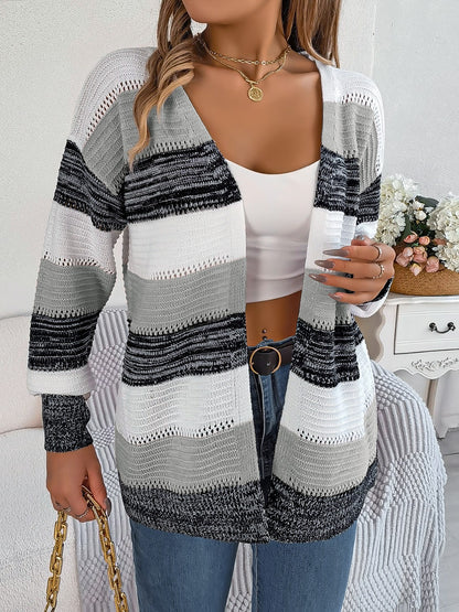 Openwork Striped Open Front Cardigan-Angel Casuals