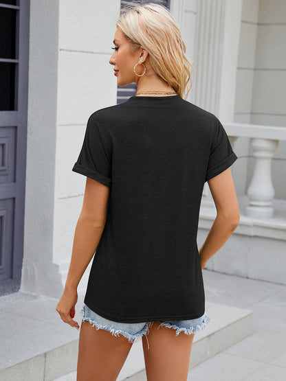 Decorative Button Notched Short Sleeve T-Shirt-Angel Casuals