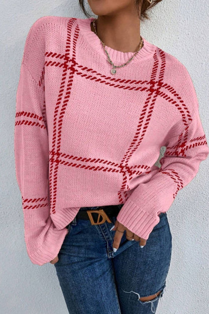 Contrast Round Neck Long Sleeve Sweater-Angel Casuals