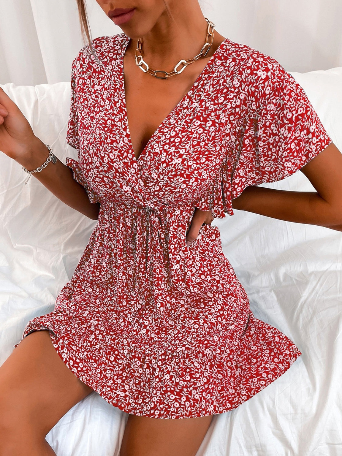 Cutout Ditsy Floral Surplice Flounce Sleeve Dress-Angel Casuals