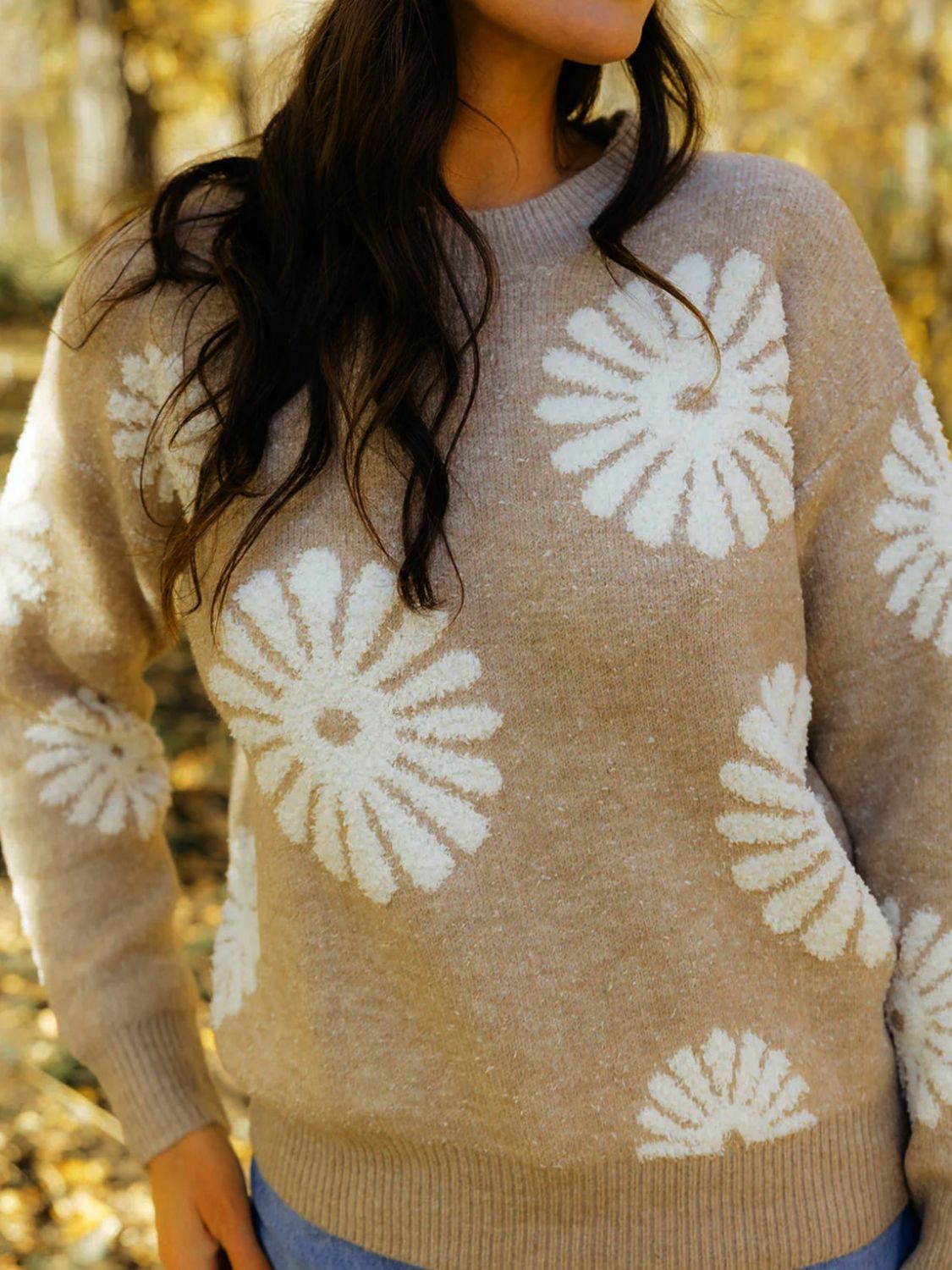 Perfee Flower Round Neck Long Sleeve Sweater-Angel Casuals