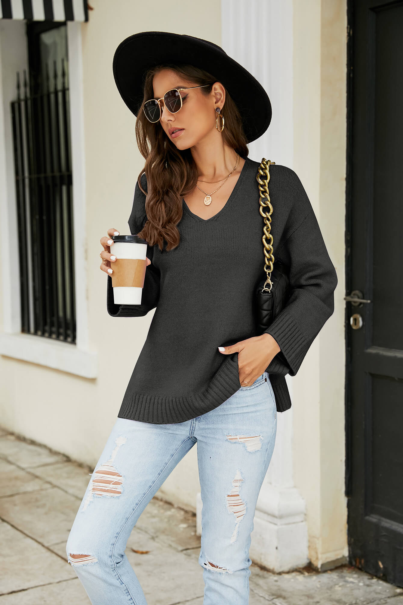 Drop Shoulder V-Neck Knit Pullover-Angel Casuals