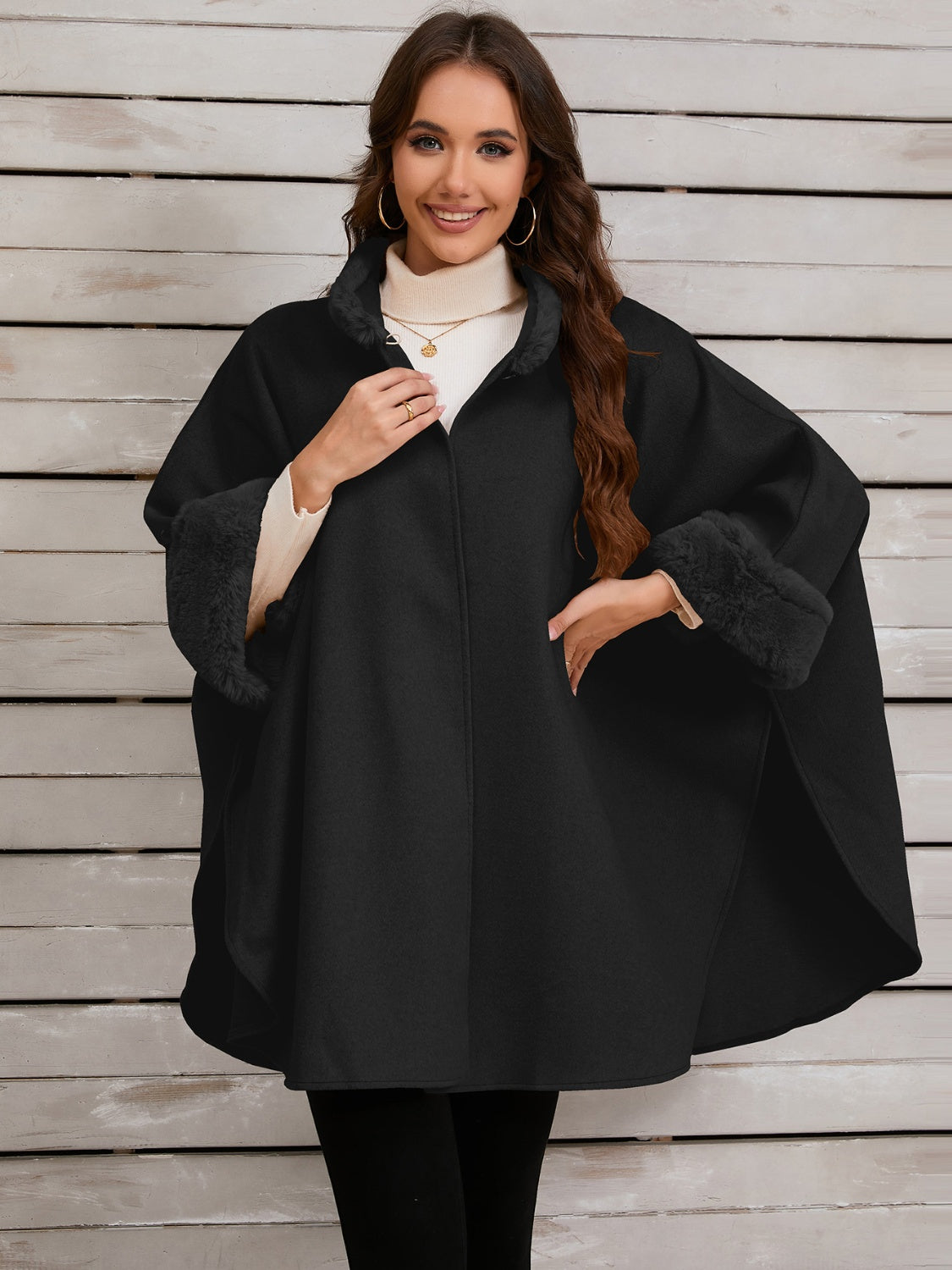 Fuzzy Trim Long Sleeve Poncho-Angel Casuals