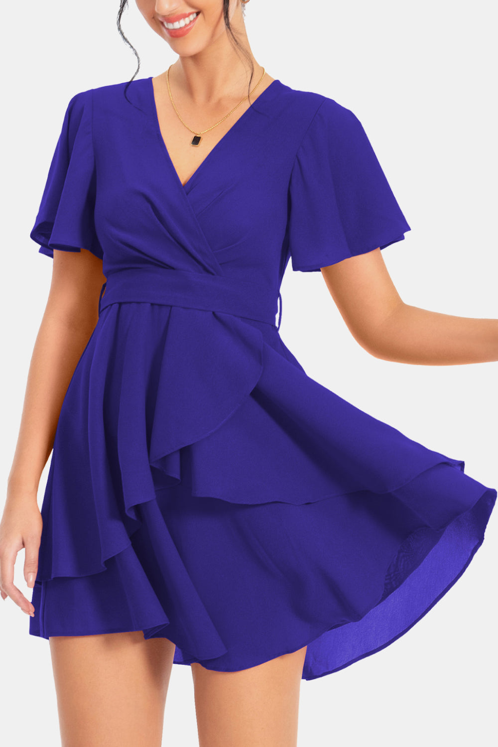 Surplice Neck Flutter Sleeve Dress-Angel Casuals