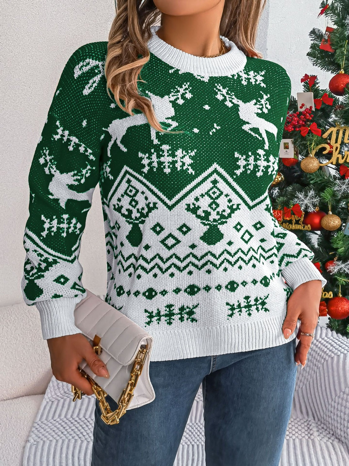 Christmas Element Round Neck Long Sleeve Sweater-Angel Casuals