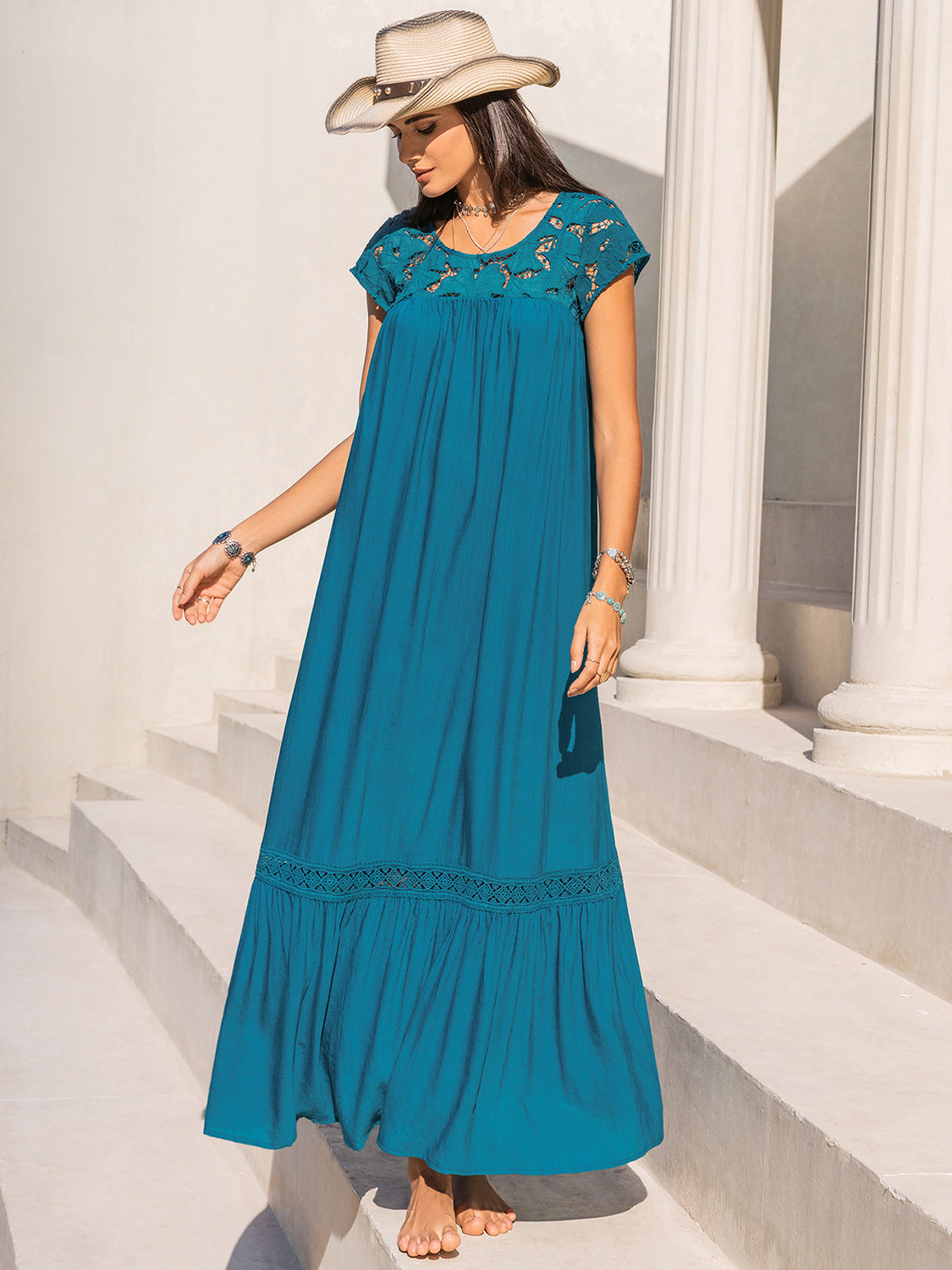 Round Neck Short Sleeve Maxi Dress-Angel Casuals