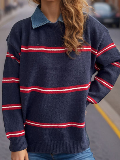 Contrast Stripes Round Neck Long Sleeve Sweater-Angel Casuals