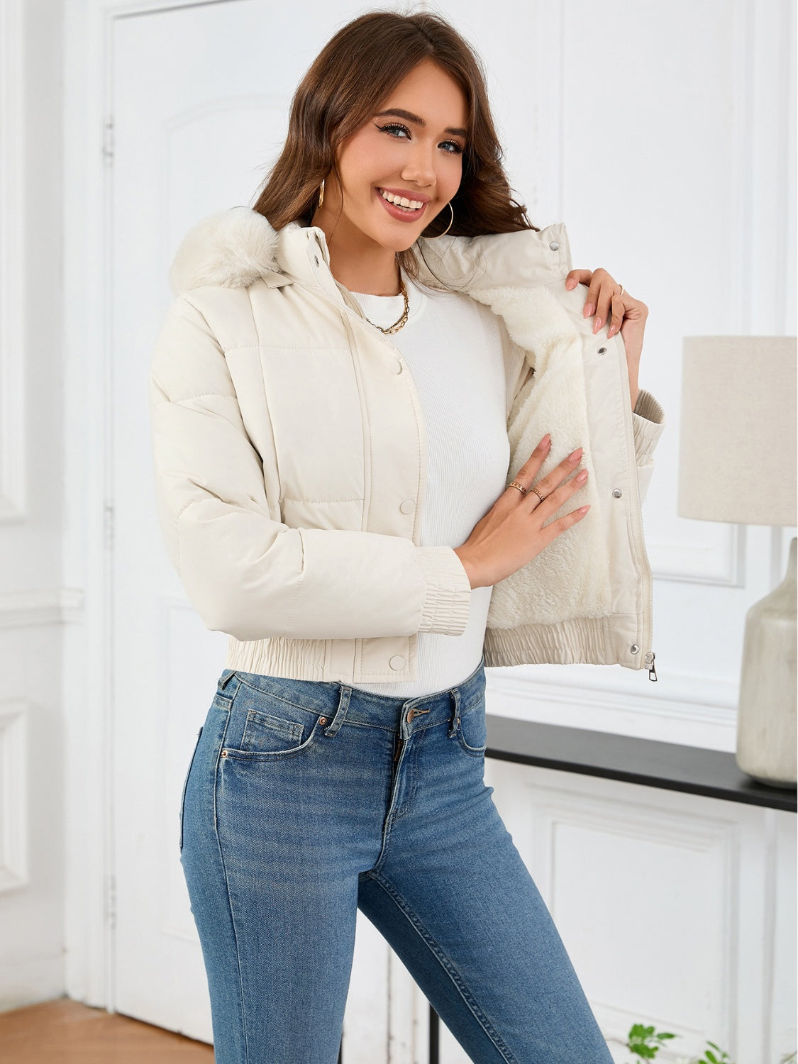 Pocketed Long Sleeve Cropped Hooded Winter Coat-Angel Casuals