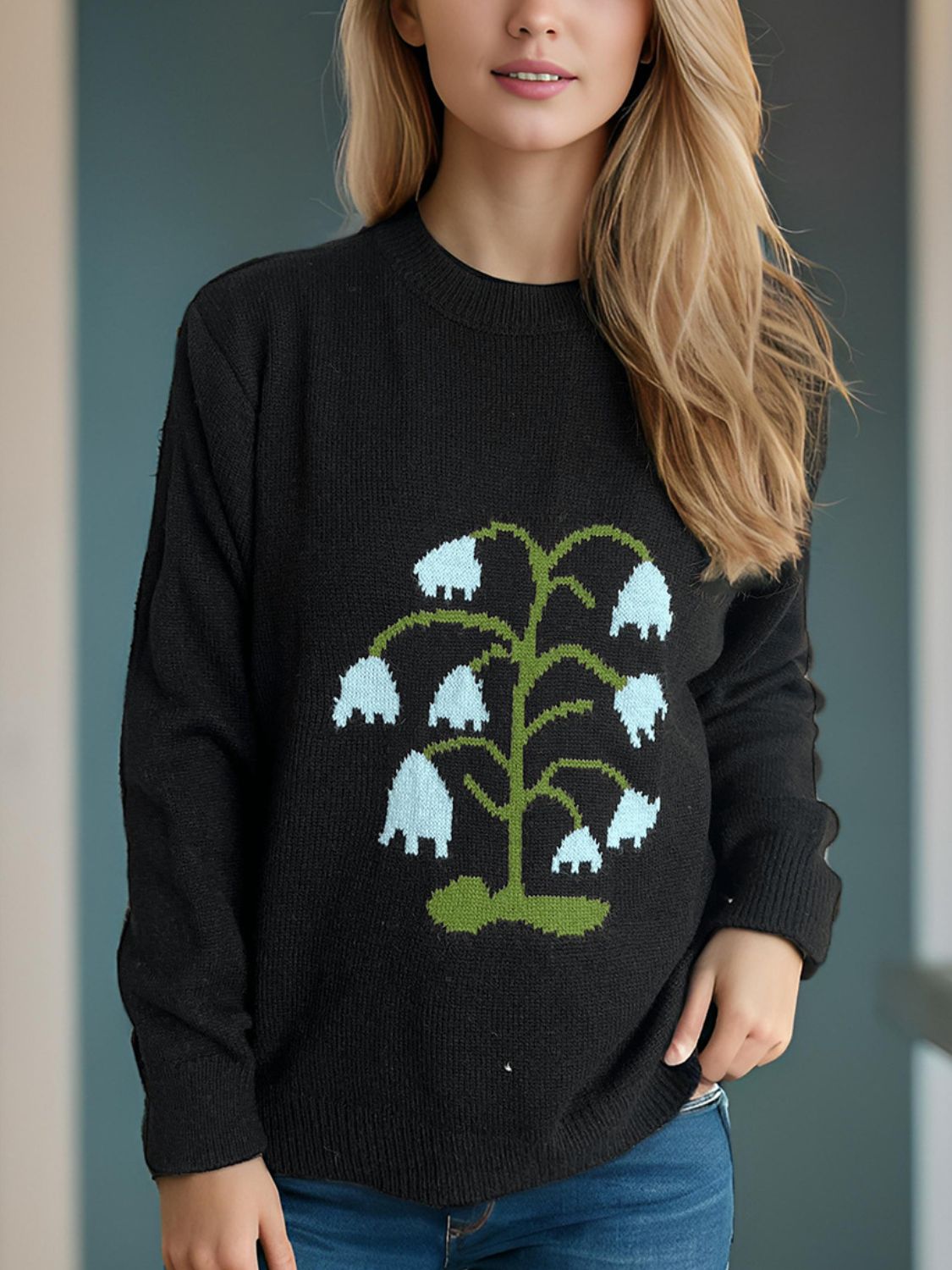 Plant Round Neck Long Sleeve Sweater-Angel Casuals