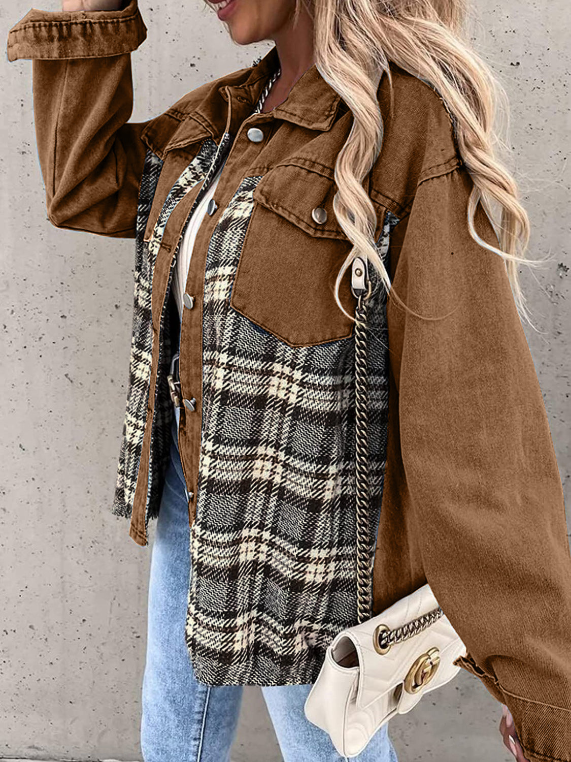 Plaid Button Up Dropped Shoulder Jacket-Angel Casuals