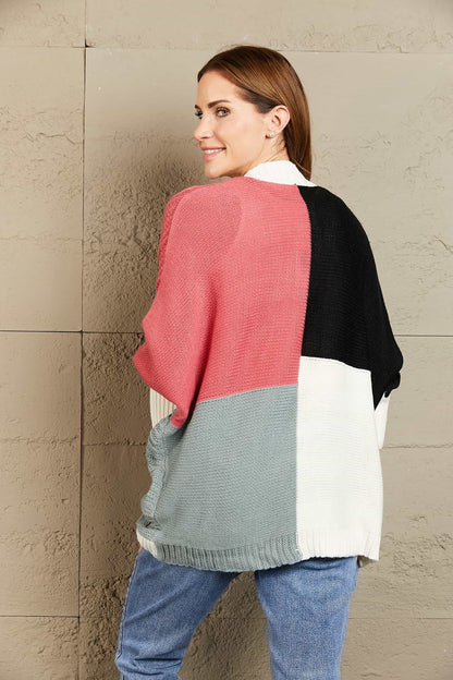 Woven Right Color Block Cable-Knit Batwing Sleeve Cardigan-Angel Casuals