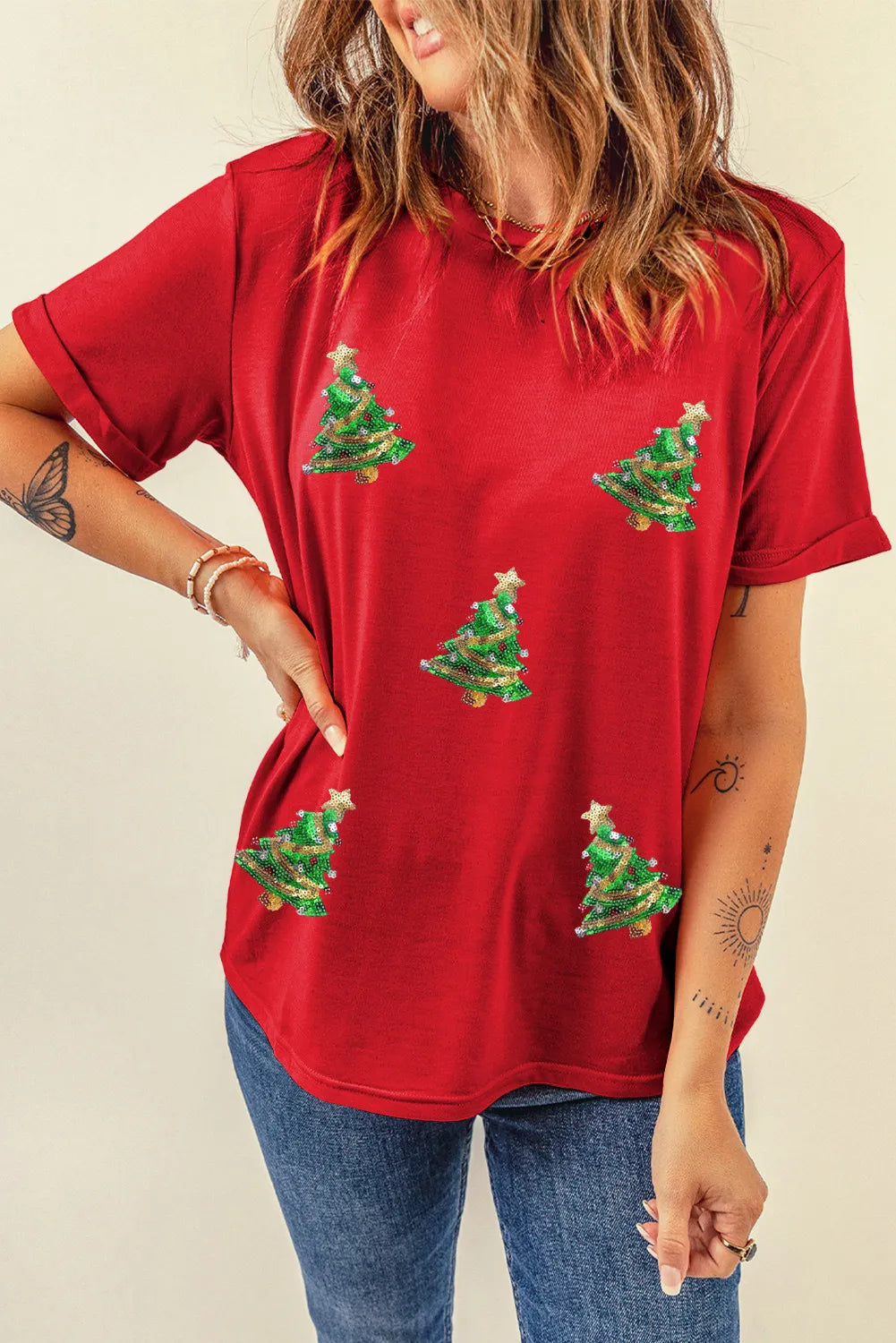 Sequin Christmas Tree Round Neck Short Sleeve T-Shirt-Angel Casuals